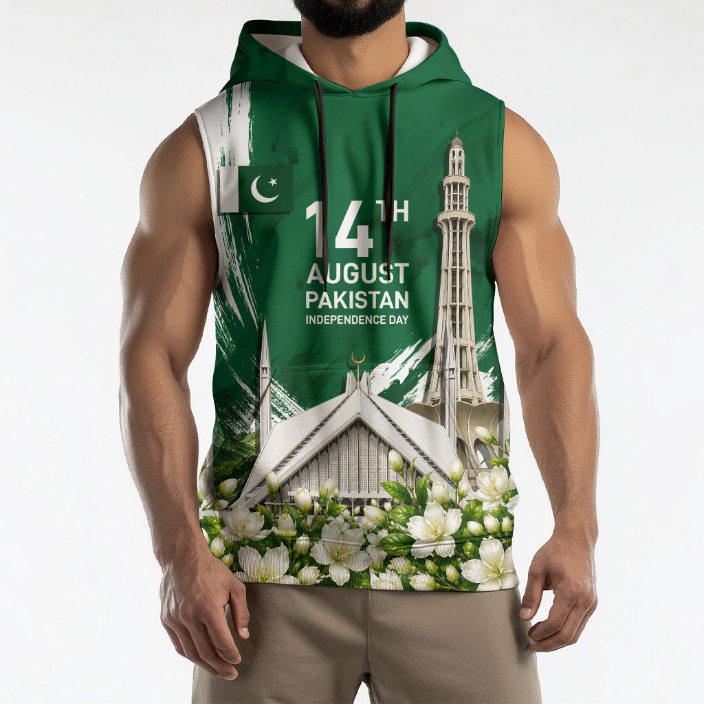 Pakistan Independence Day August 14 Sleeveless Hoodie Patriotic Markhor Heritage Landmarks And Jasmine
