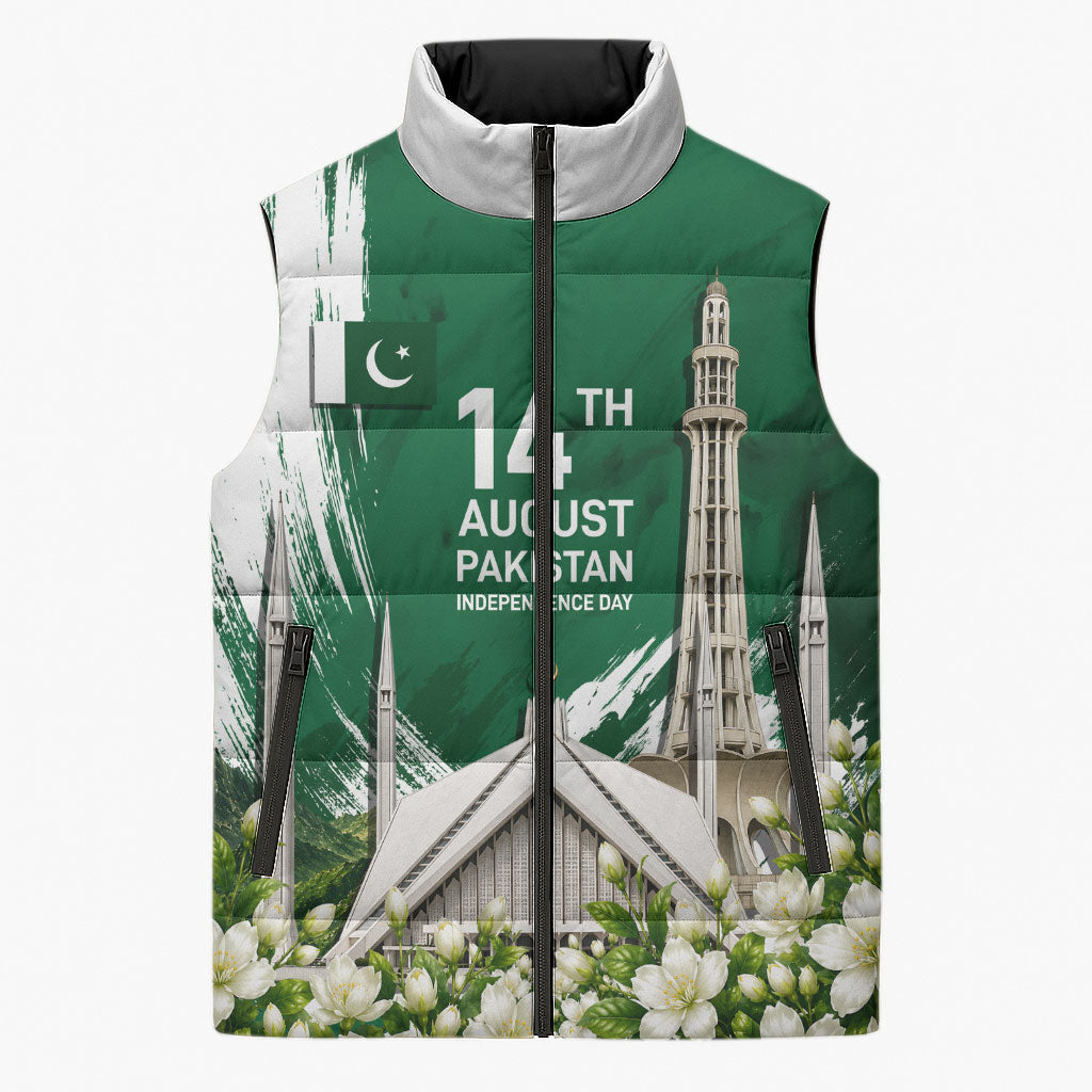 Pakistan Independence Day August 14 Sleeveless Puffer Jacket Patriotic Markhor Heritage Landmarks And Jasmine