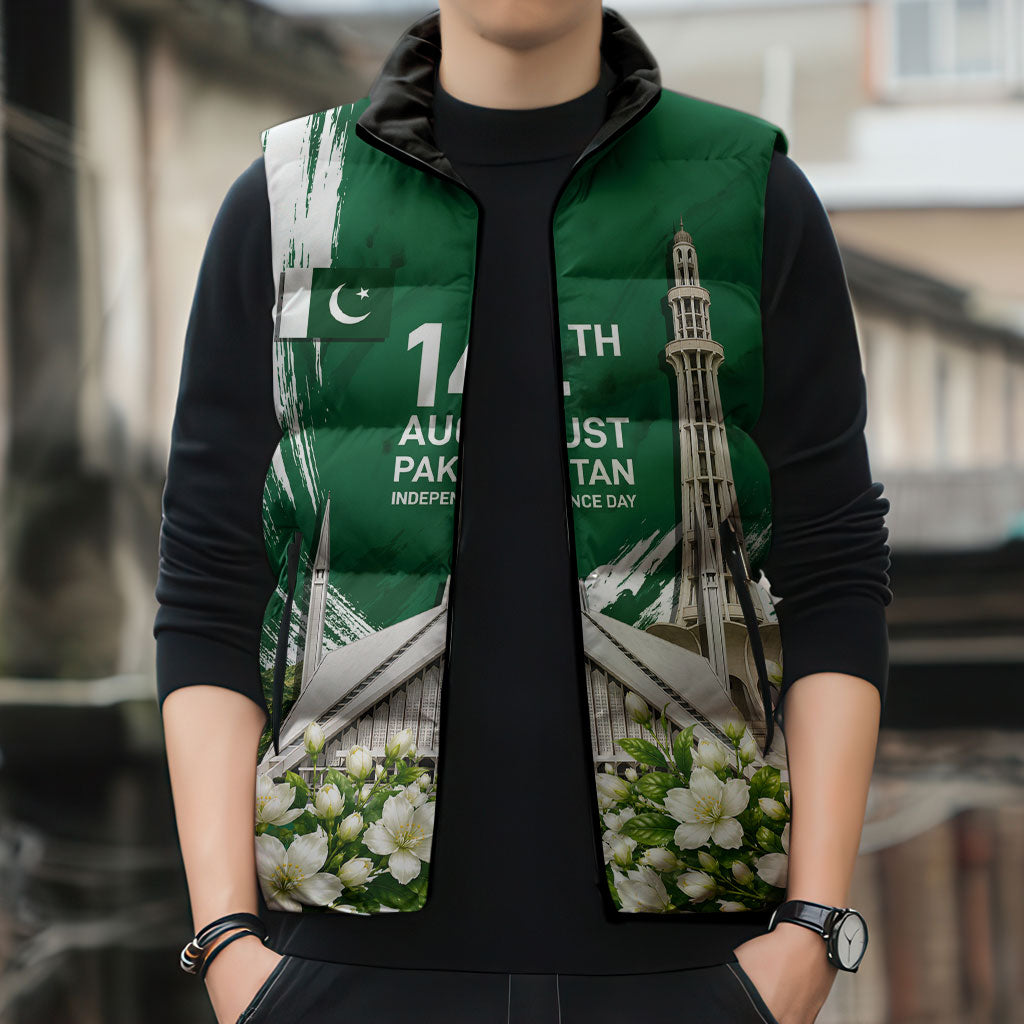 Pakistan Independence Day August 14 Sleeveless Puffer Jacket Patriotic Markhor Heritage Landmarks And Jasmine