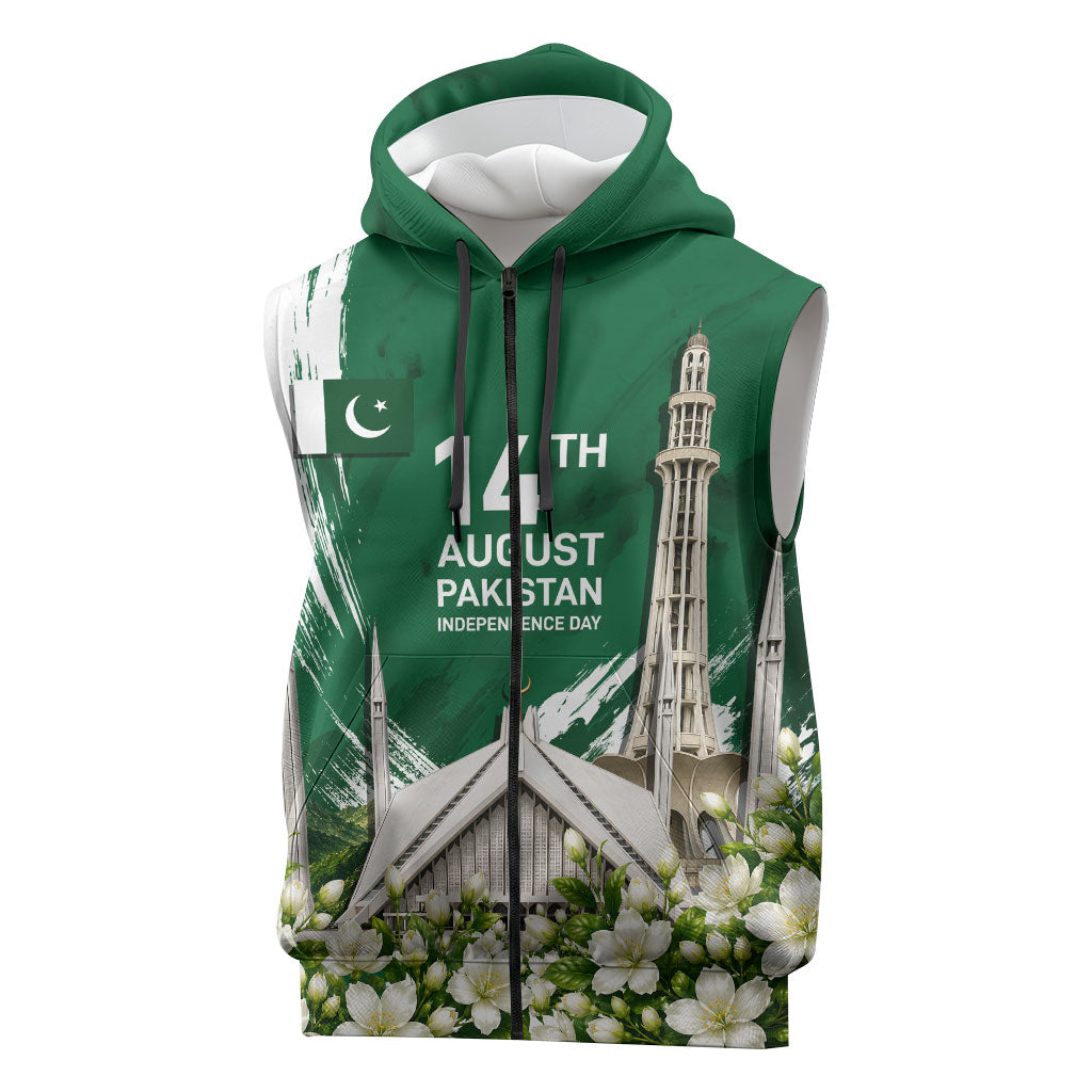 Pakistan Independence Day August 14 Sleeveless Zip Hoodie Patriotic Markhor Heritage Landmarks And Jasmine