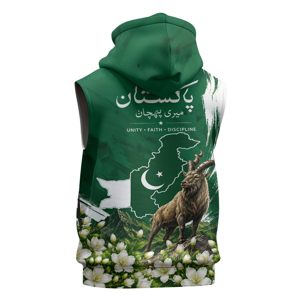 Pakistan Independence Day August 14 Sleeveless Zip Hoodie Patriotic Markhor Heritage Landmarks And Jasmine