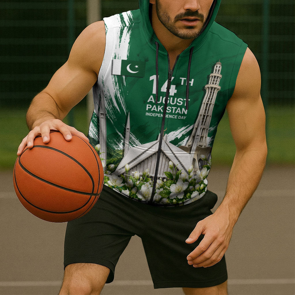 Pakistan Independence Day August 14 Sleeveless Zip Hoodie Patriotic Markhor Heritage Landmarks And Jasmine