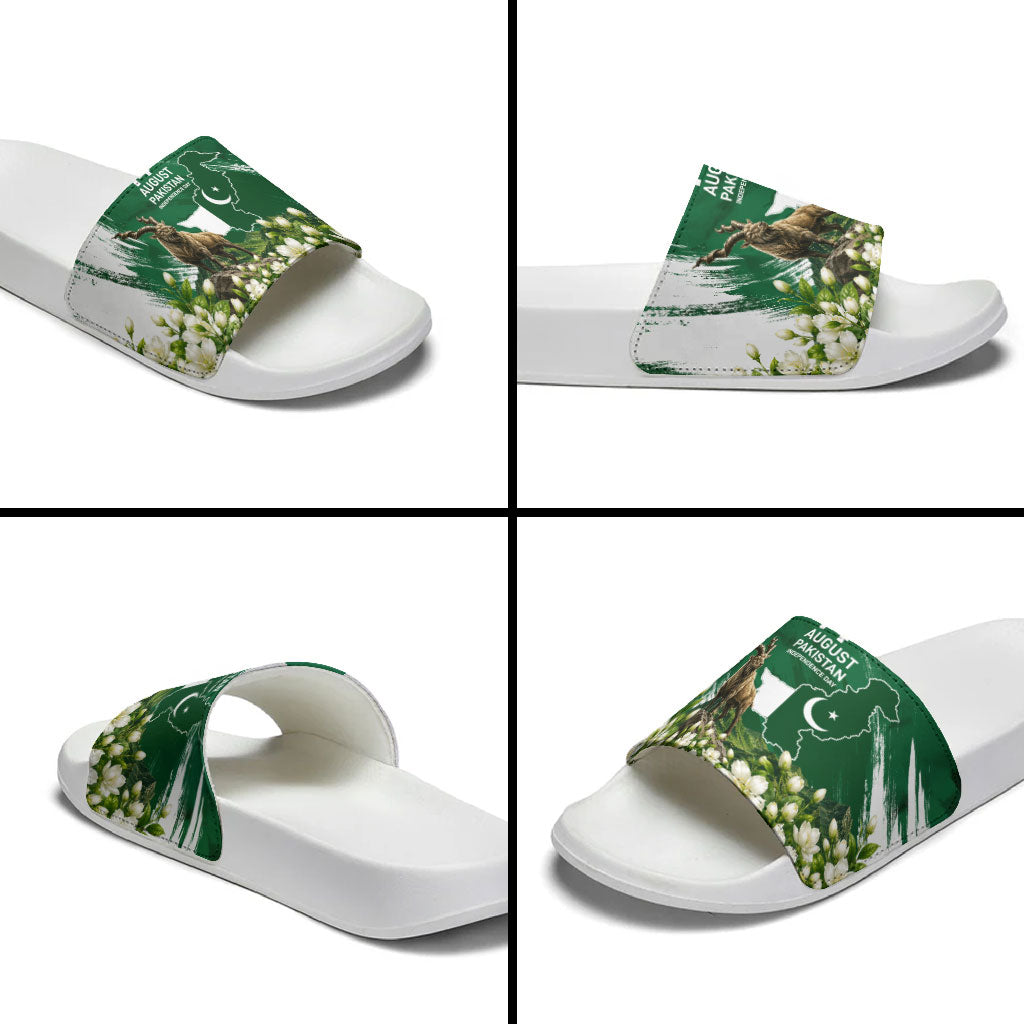 Pakistan Independence Day August 14 Slide Sandals Patriotic Markhor Heritage Landmarks And Jasmine