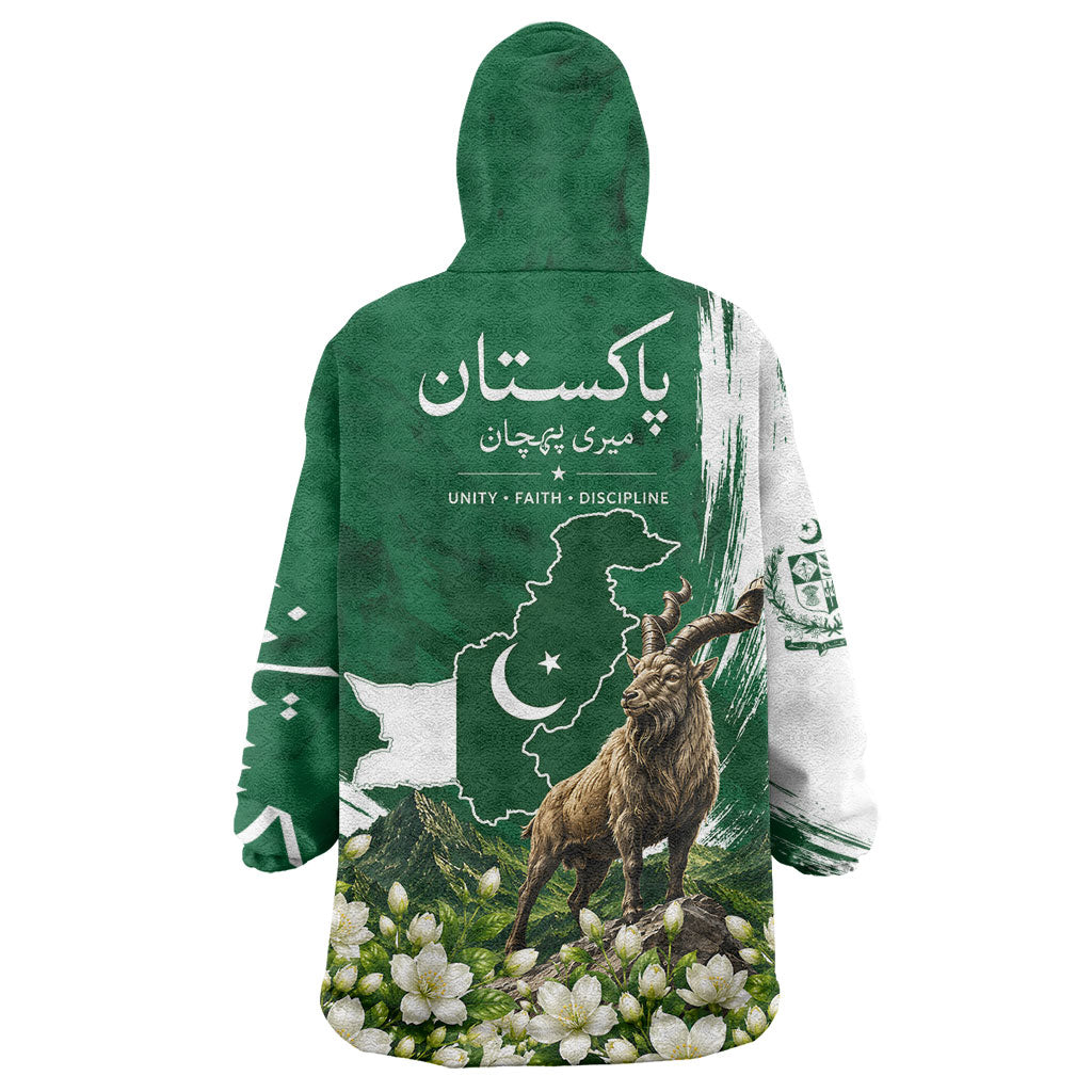 Pakistan Independence Day August 14 Wearable Blanket Hoodie Patriotic Markhor Heritage Landmarks And Jasmine