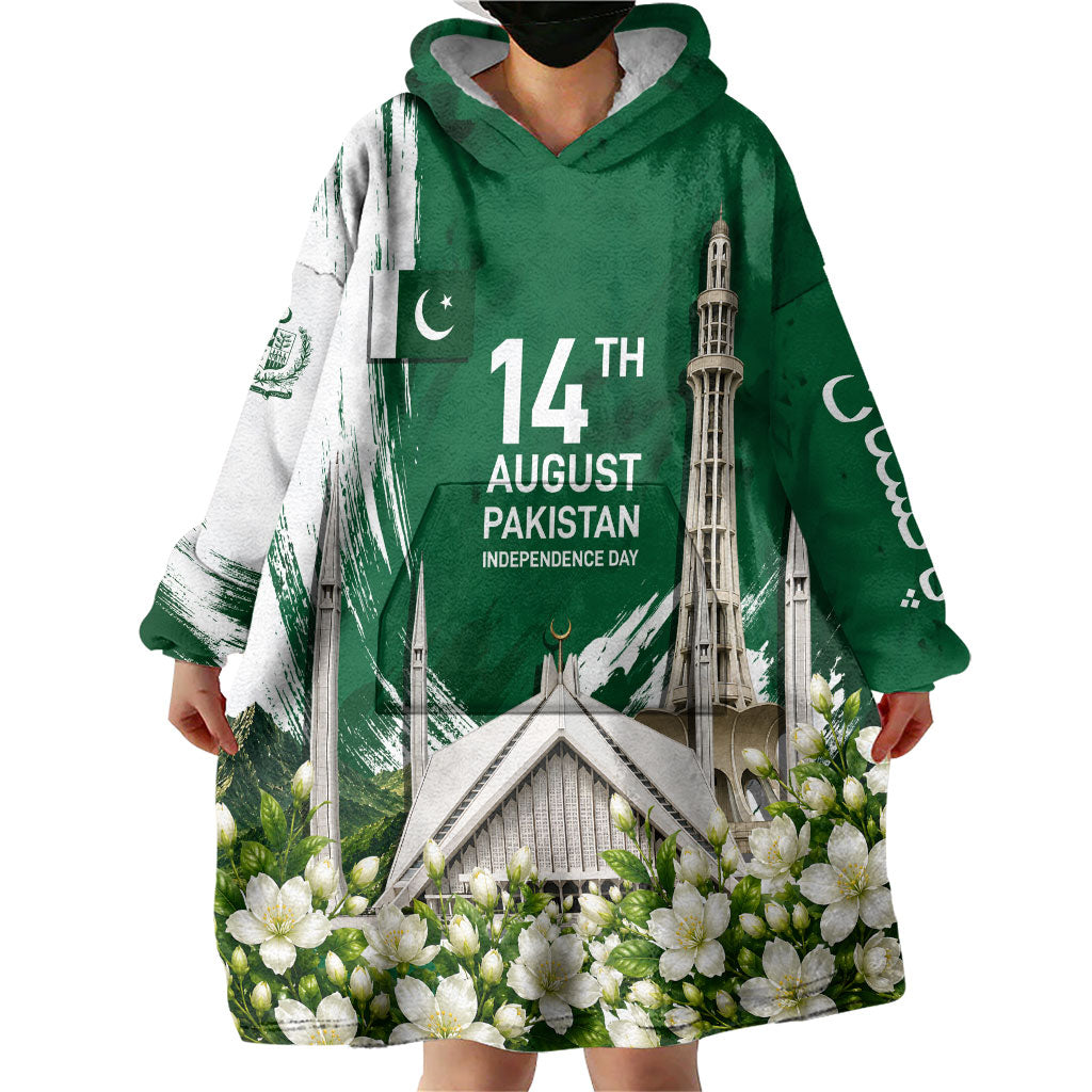 Pakistan Independence Day August 14 Wearable Blanket Hoodie Patriotic Markhor Heritage Landmarks And Jasmine