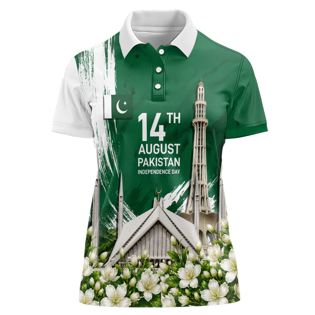 Pakistan Independence Day August 14 Women Polo Shirt Patriotic Markhor Heritage Landmarks And Jasmine