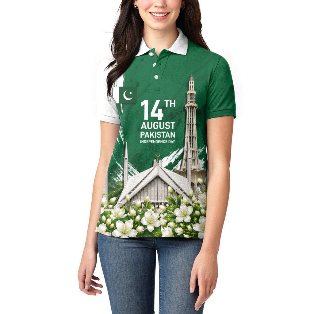 Pakistan Independence Day August 14 Women Polo Shirt Patriotic Markhor Heritage Landmarks And Jasmine