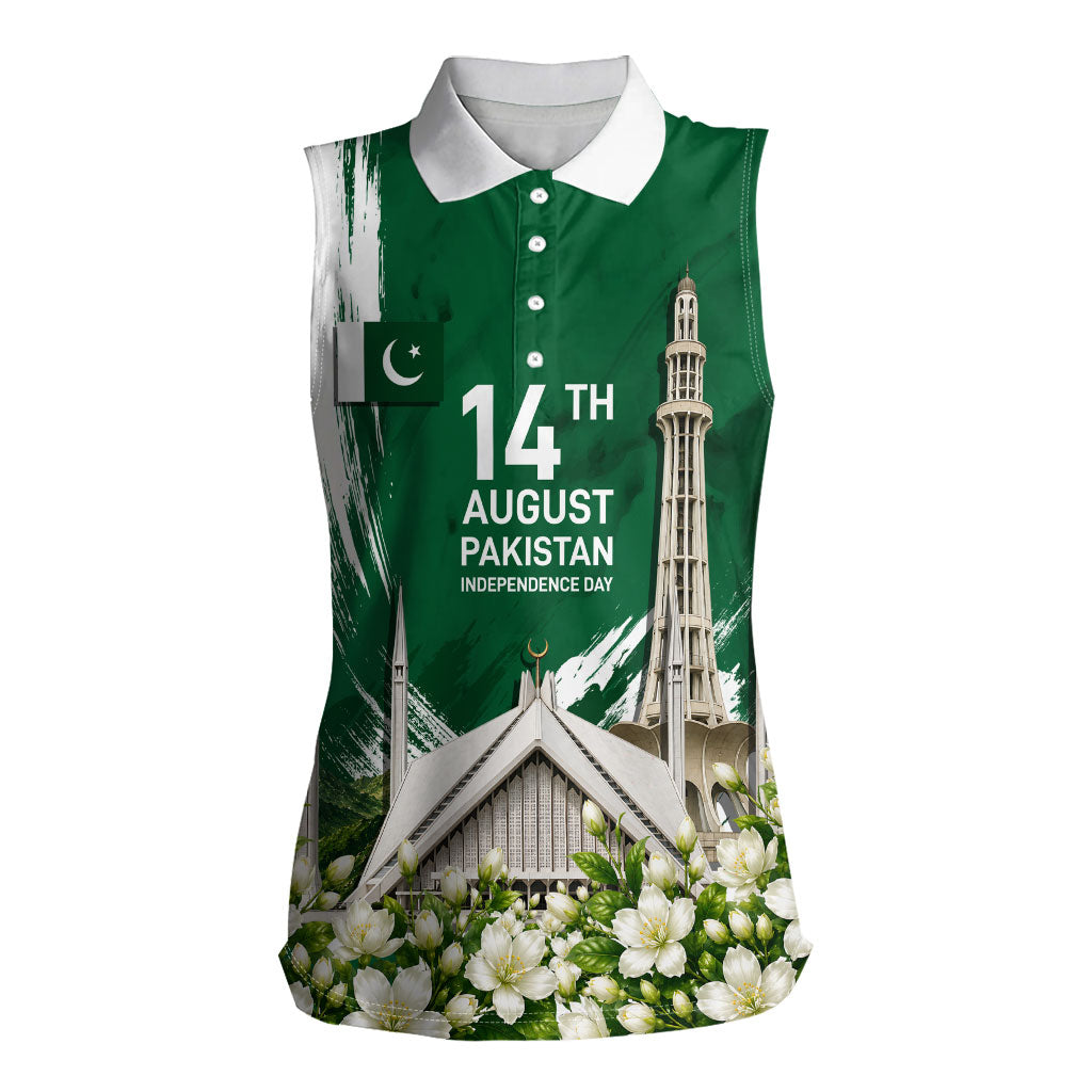 Pakistan Independence Day August 14 Women Sleeveless Polo Shirt Patriotic Markhor Heritage Landmarks And Jasmine
