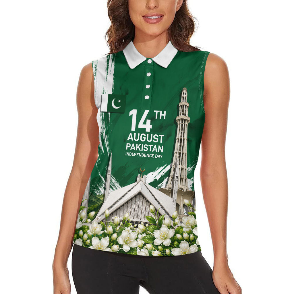 Pakistan Independence Day August 14 Women Sleeveless Polo Shirt Patriotic Markhor Heritage Landmarks And Jasmine