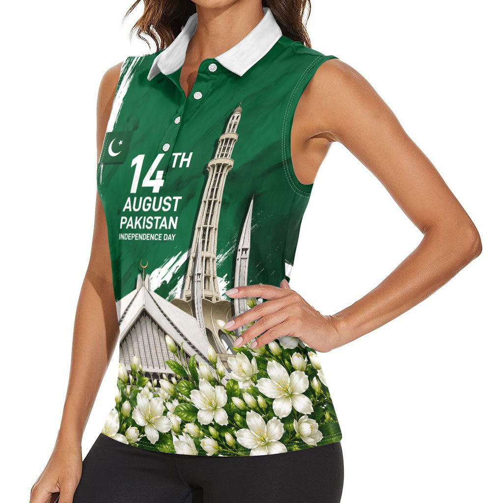 Pakistan Independence Day August 14 Women Sleeveless Polo Shirt Patriotic Markhor Heritage Landmarks And Jasmine