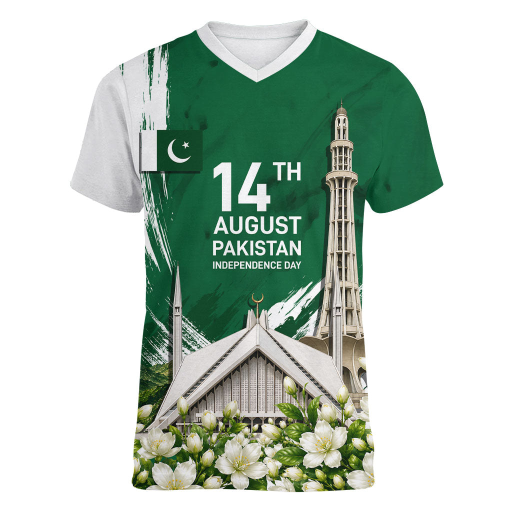 Pakistan Independence Day August 14 Women V-Neck T-Shirt Patriotic Markhor Heritage Landmarks And Jasmine