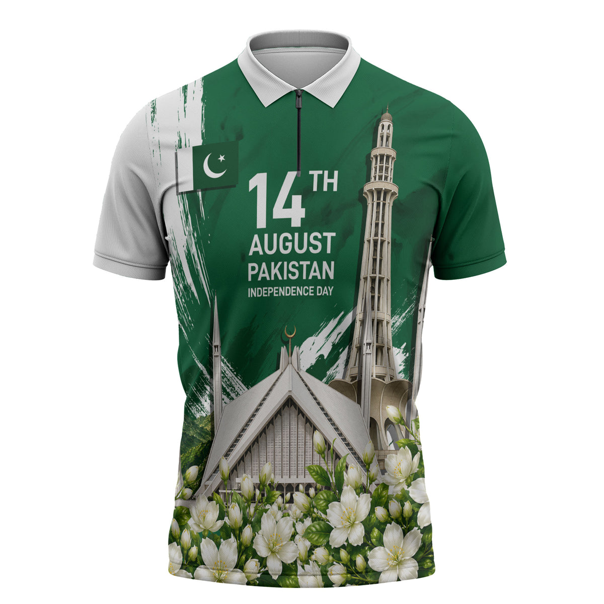 Pakistan Independence Day August 14 Zipper Polo Shirt Patriotic Markhor Heritage Landmarks And Jasmine