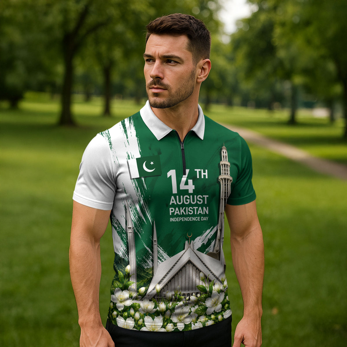 Pakistan Independence Day August 14 Zipper Polo Shirt Patriotic Markhor Heritage Landmarks And Jasmine