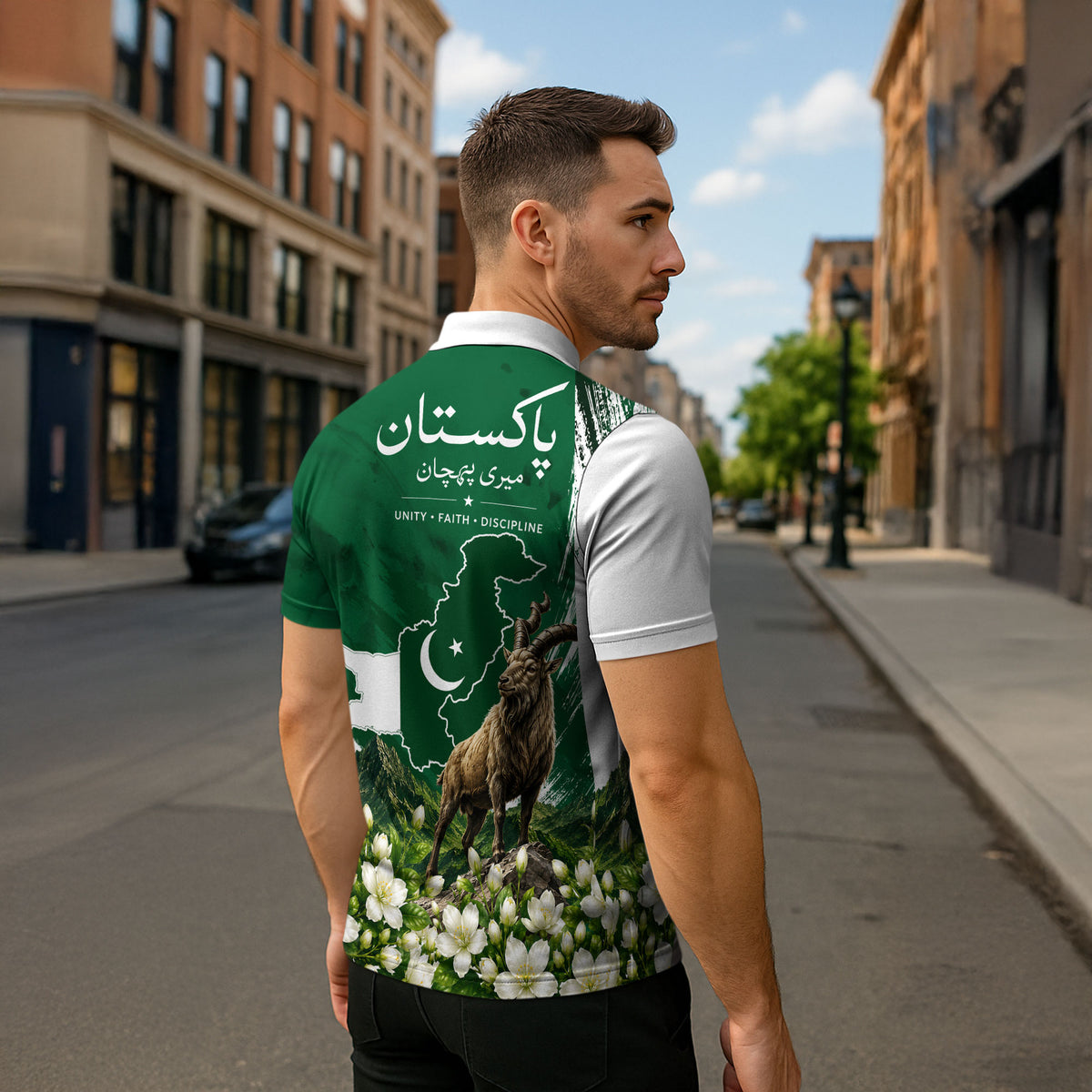 Pakistan Independence Day August 14 Zipper Polo Shirt Patriotic Markhor Heritage Landmarks And Jasmine