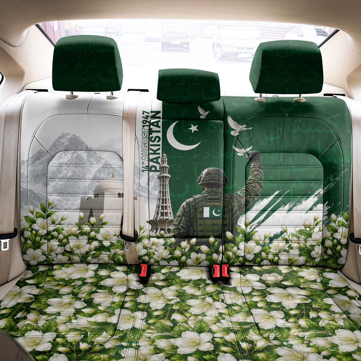 Pakistan Independence Day Back Car Seat Cover Patriotic Soldier Heritage Landmarks And Jasmine