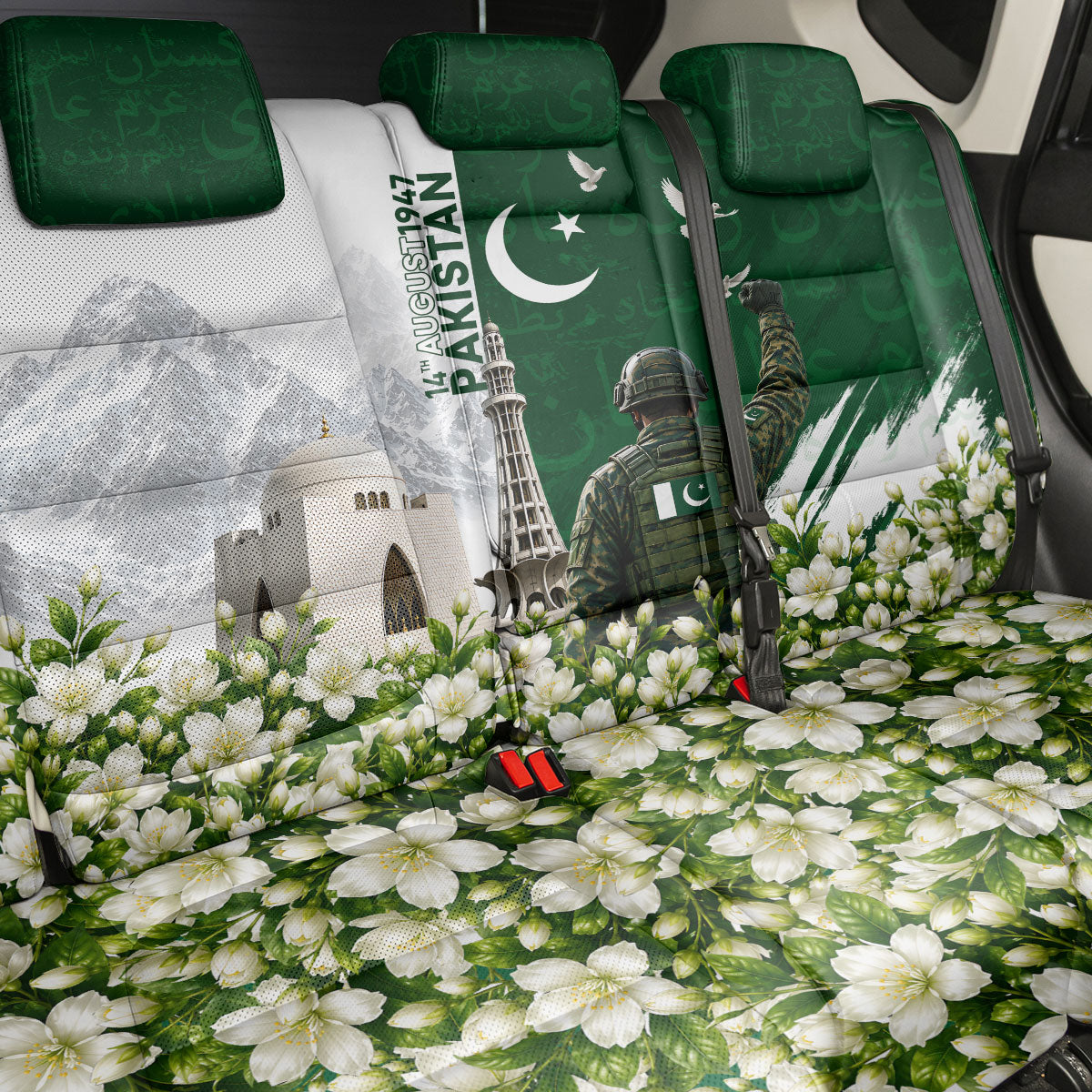 Pakistan Independence Day Back Car Seat Cover Patriotic Soldier Heritage Landmarks And Jasmine