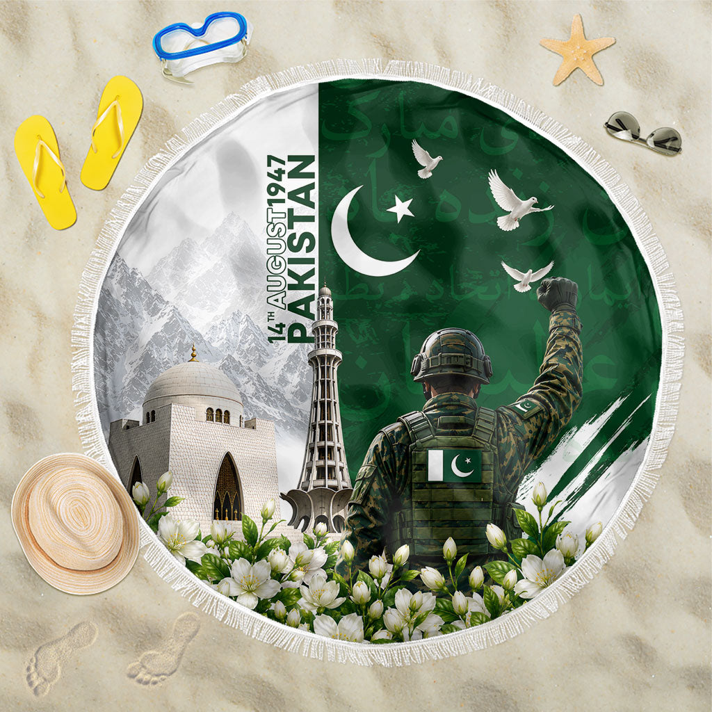 Pakistan Independence Day Beach Blanket Patriotic Soldier Heritage Landmarks And Jasmine