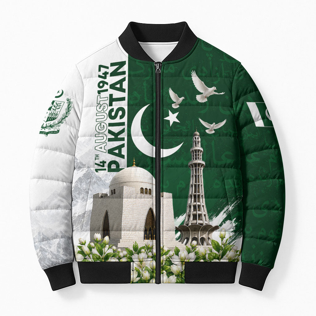 Pakistan Independence Day Bomber Puffer Jacket Patriotic Soldier Heritage Landmarks And Jasmine