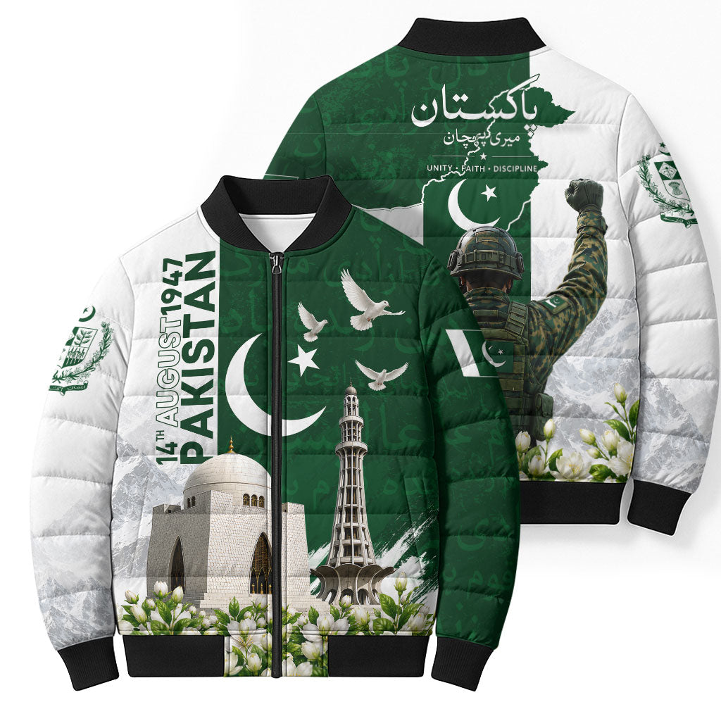 Pakistan Independence Day Bomber Puffer Jacket Patriotic Soldier Heritage Landmarks And Jasmine
