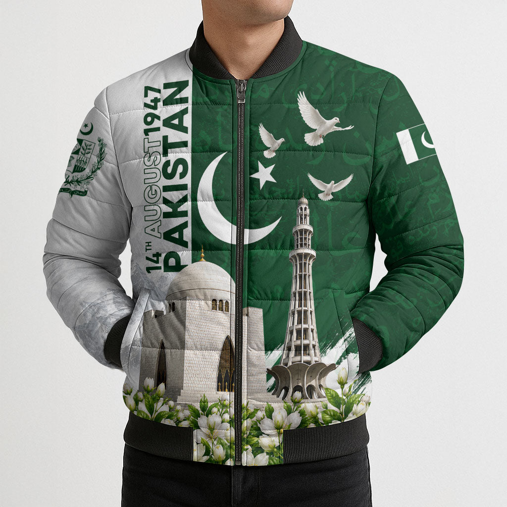 Pakistan Independence Day Bomber Puffer Jacket Patriotic Soldier Heritage Landmarks And Jasmine