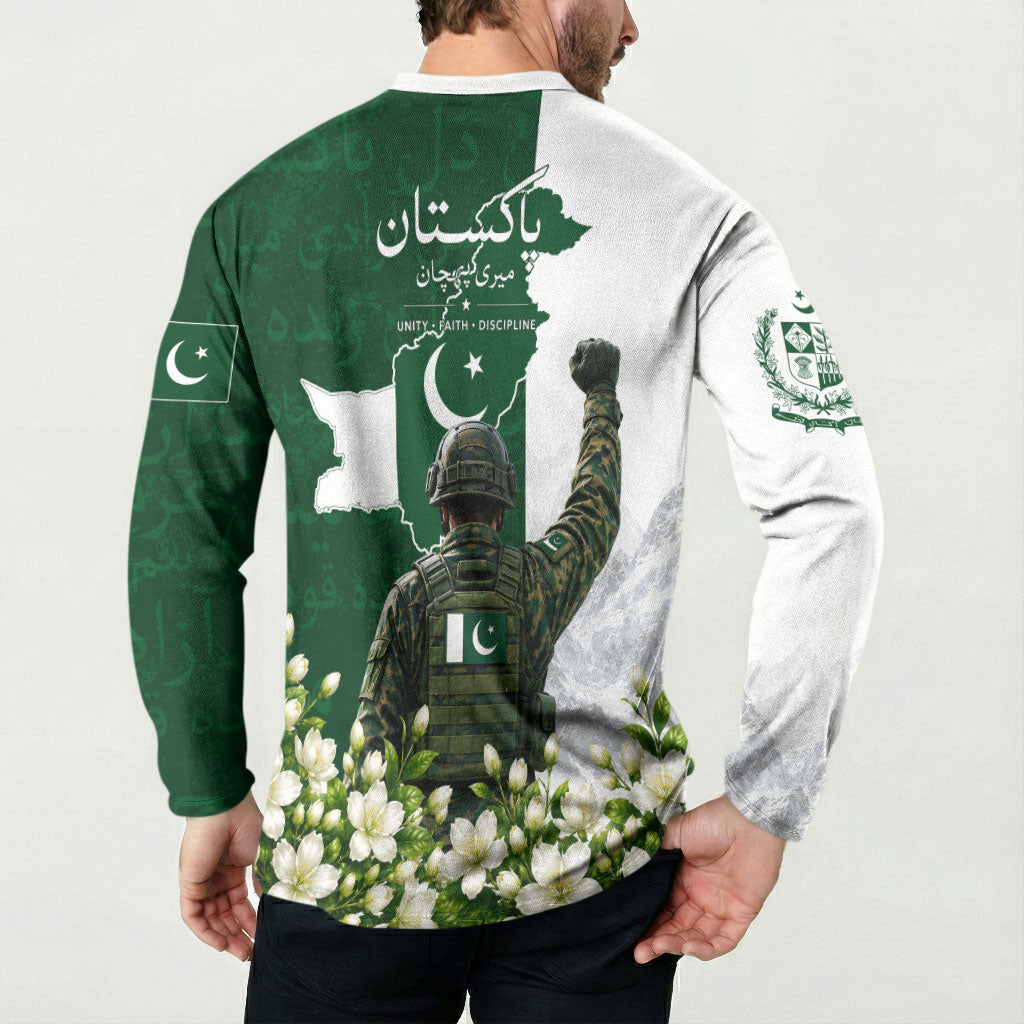 Pakistan Independence Day Button Sweatshirt Patriotic Soldier Heritage Landmarks And Jasmine