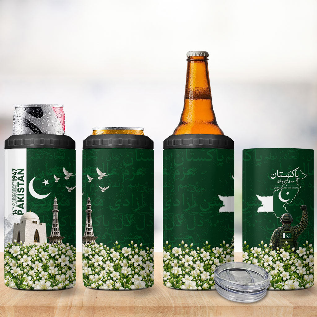 Pakistan Independence Day 4 in 1 Can Cooler Tumbler Patriotic Soldier Heritage Landmarks And Jasmine