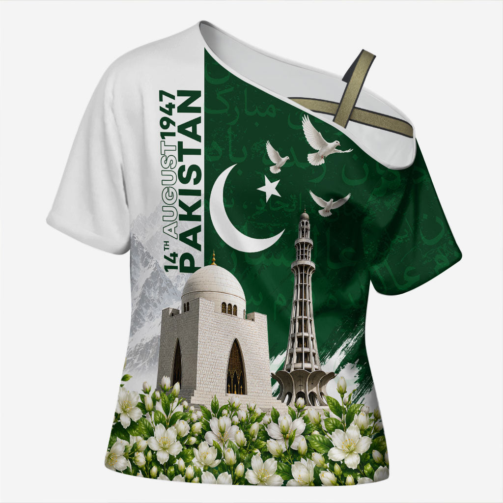 Pakistan Independence Day Cross Shoulder Shirt Patriotic Soldier Heritage Landmarks And Jasmine