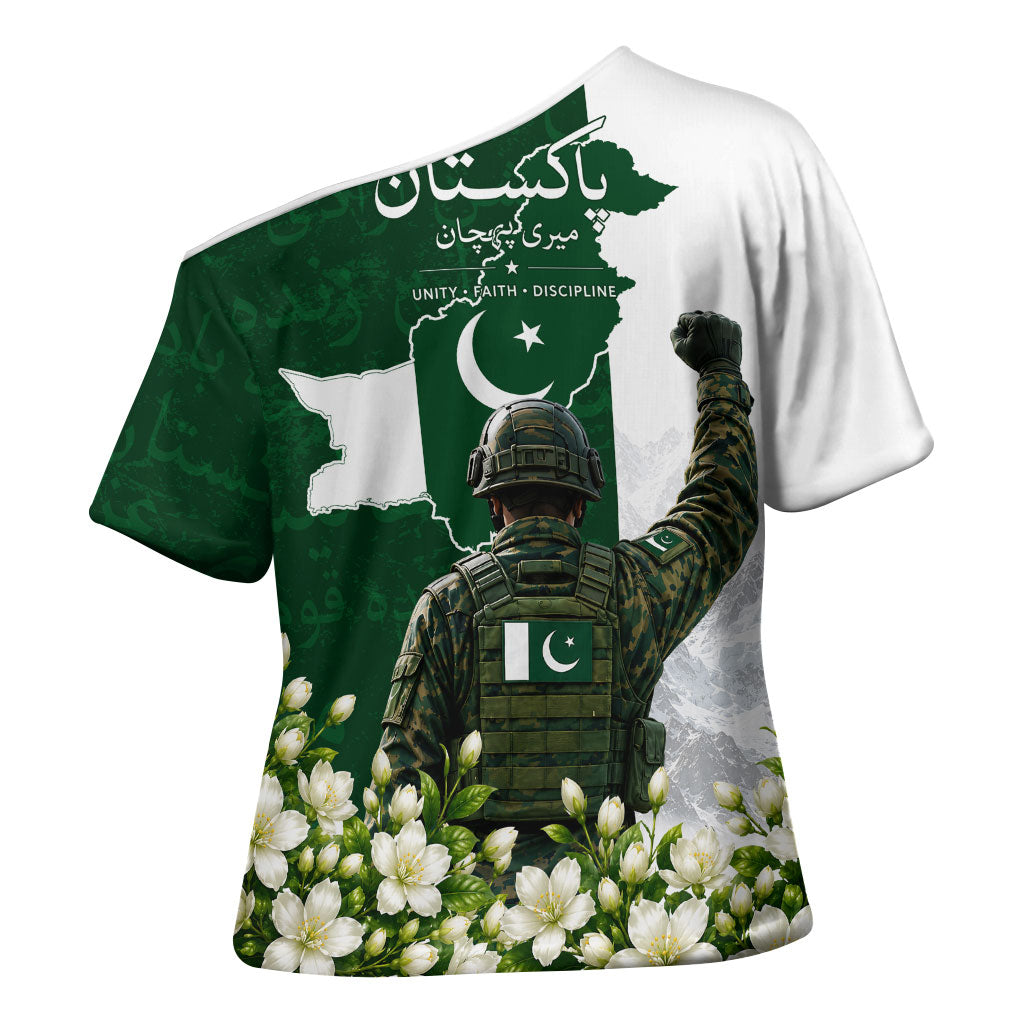 Pakistan Independence Day Cross Shoulder Shirt Patriotic Soldier Heritage Landmarks And Jasmine