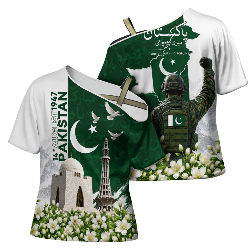 Pakistan Independence Day Cross Shoulder Shirt Patriotic Soldier Heritage Landmarks And Jasmine