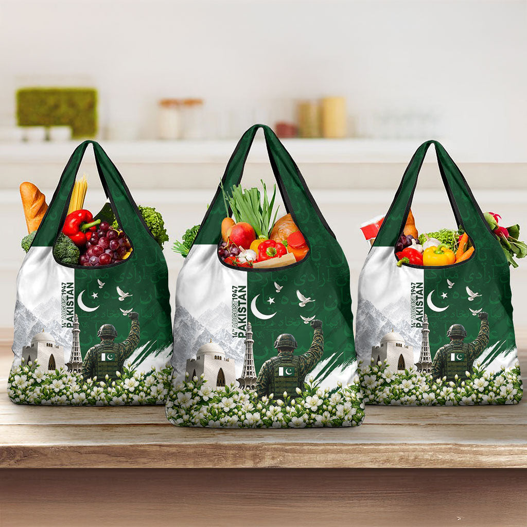 Pakistan Independence Day Grocery Bag Patriotic Soldier Heritage Landmarks And Jasmine