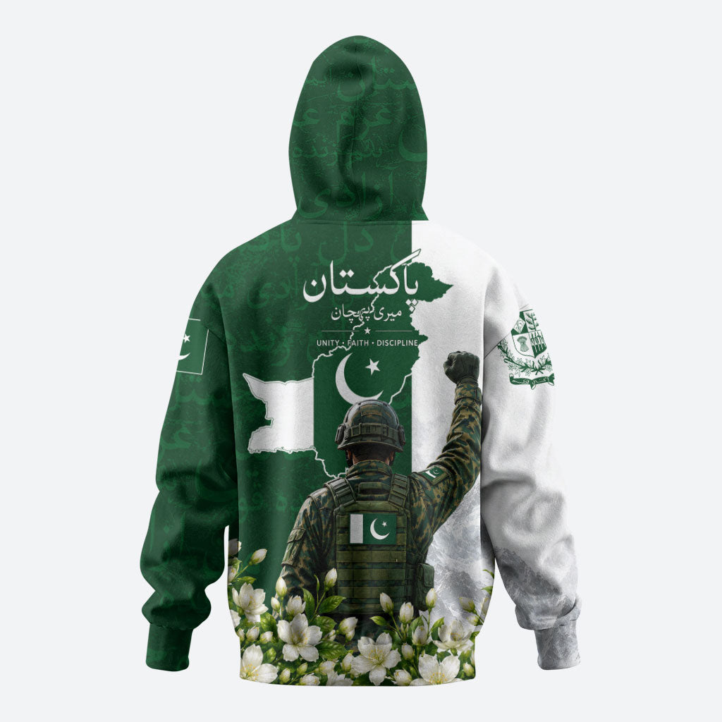 Pakistan Independence Day Hoodie Patriotic Soldier Heritage Landmarks And Jasmine