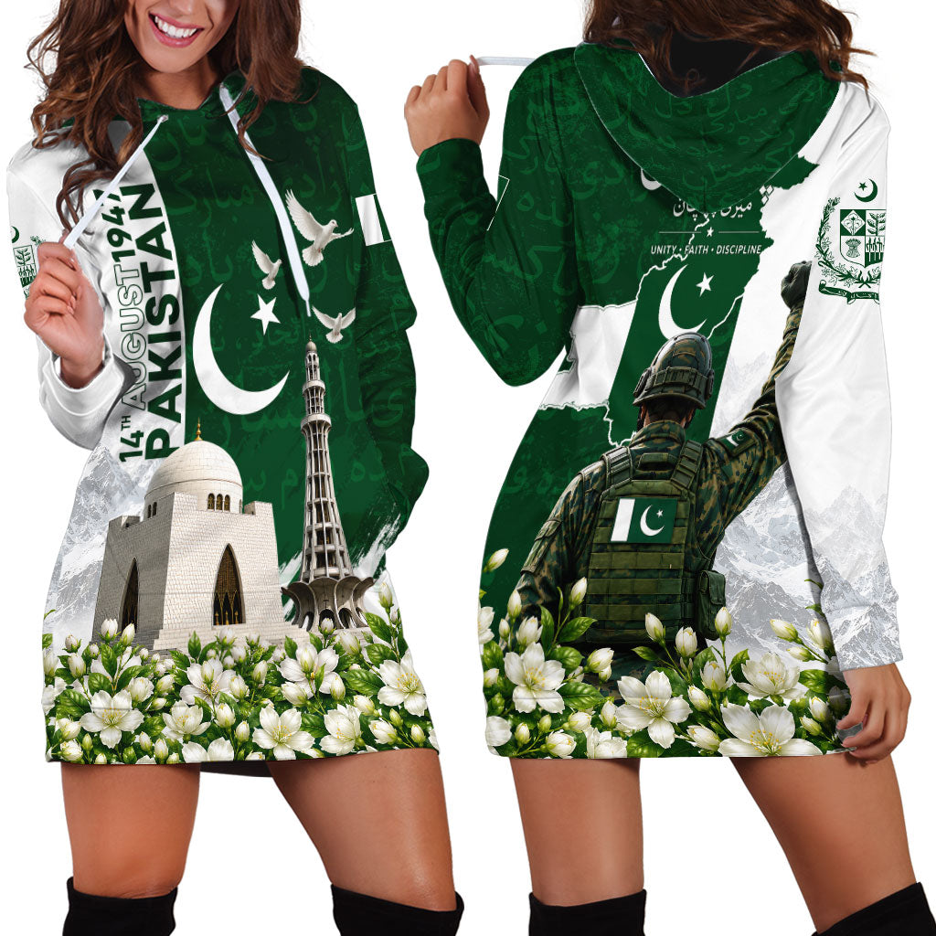 Pakistan Independence Day Hoodie Dress Patriotic Soldier Heritage Landmarks And Jasmine