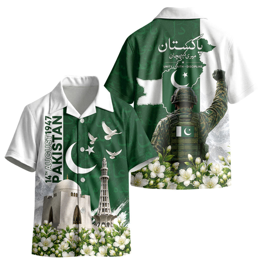 Pakistan Independence Day Kid Hawaiian Shirt Patriotic Soldier Heritage Landmarks And Jasmine