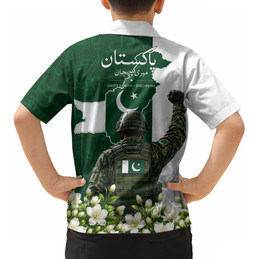 Pakistan Independence Day Kid Hawaiian Shirt Patriotic Soldier Heritage Landmarks And Jasmine
