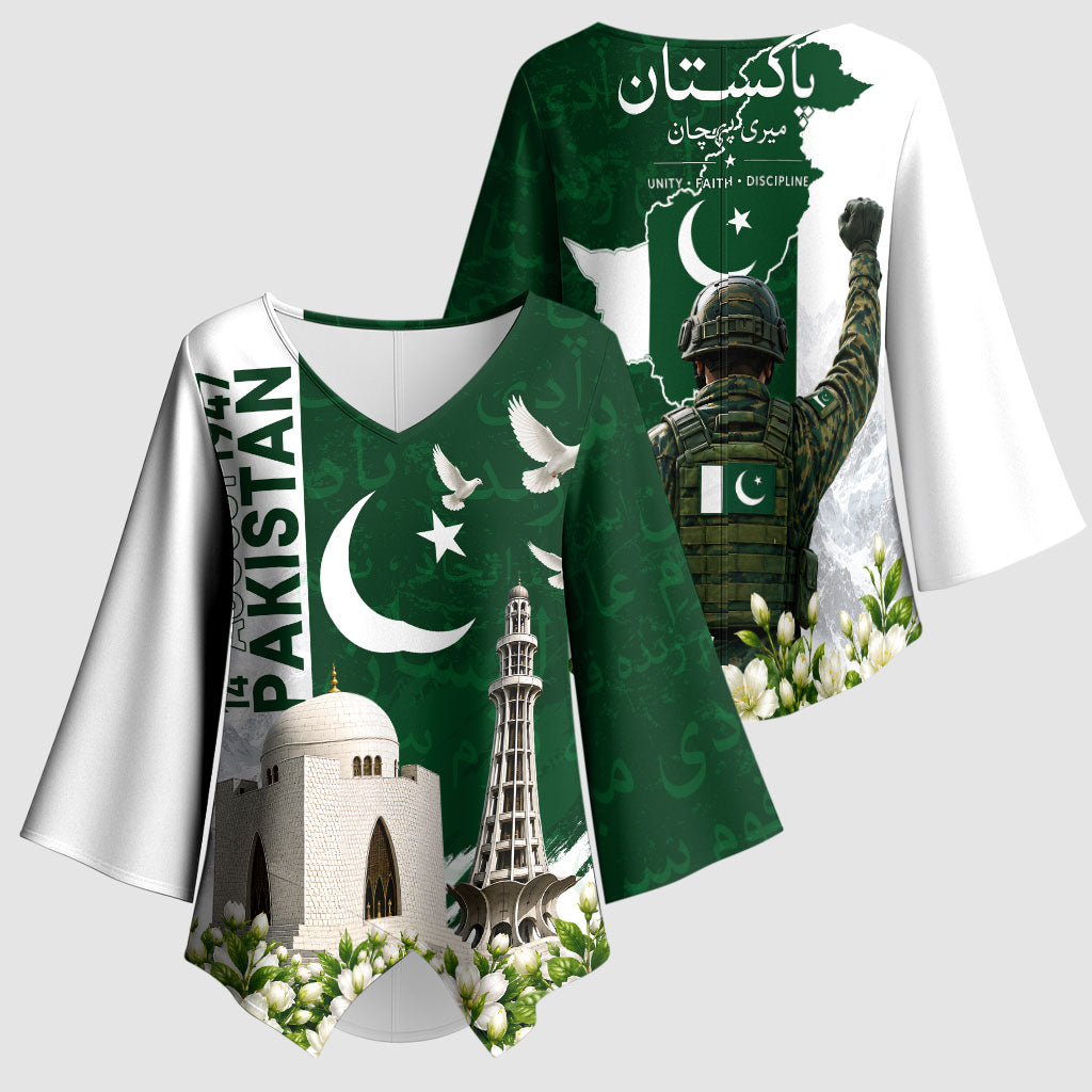 Pakistan Independence Day Kimono Sleeve Blouse Patriotic Soldier Heritage Landmarks And Jasmine