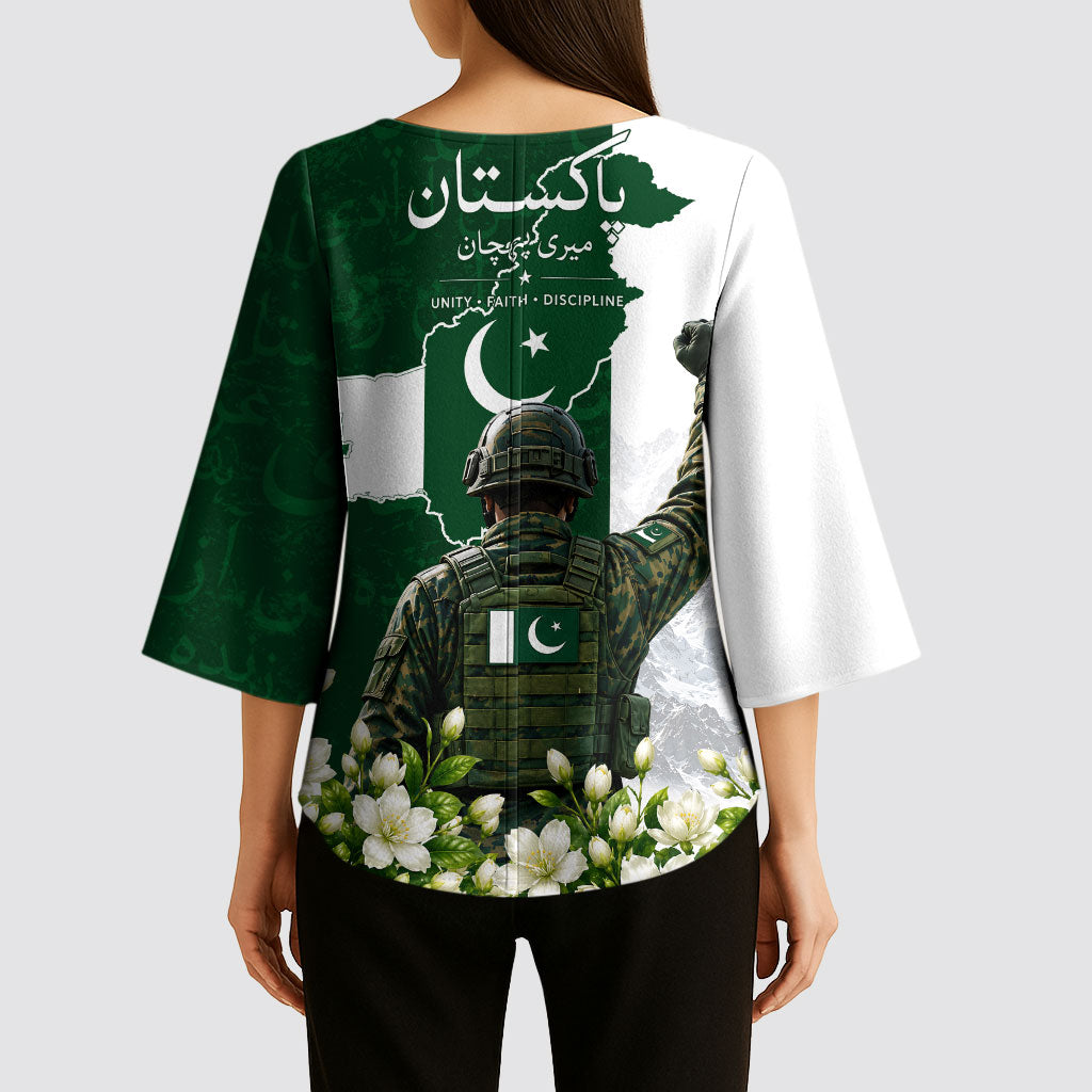 Pakistan Independence Day Kimono Sleeve Blouse Patriotic Soldier Heritage Landmarks And Jasmine