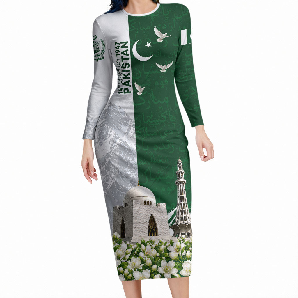 Pakistan Independence Day Long Sleeve Bodycon Dress Patriotic Soldier Heritage Landmarks And Jasmine