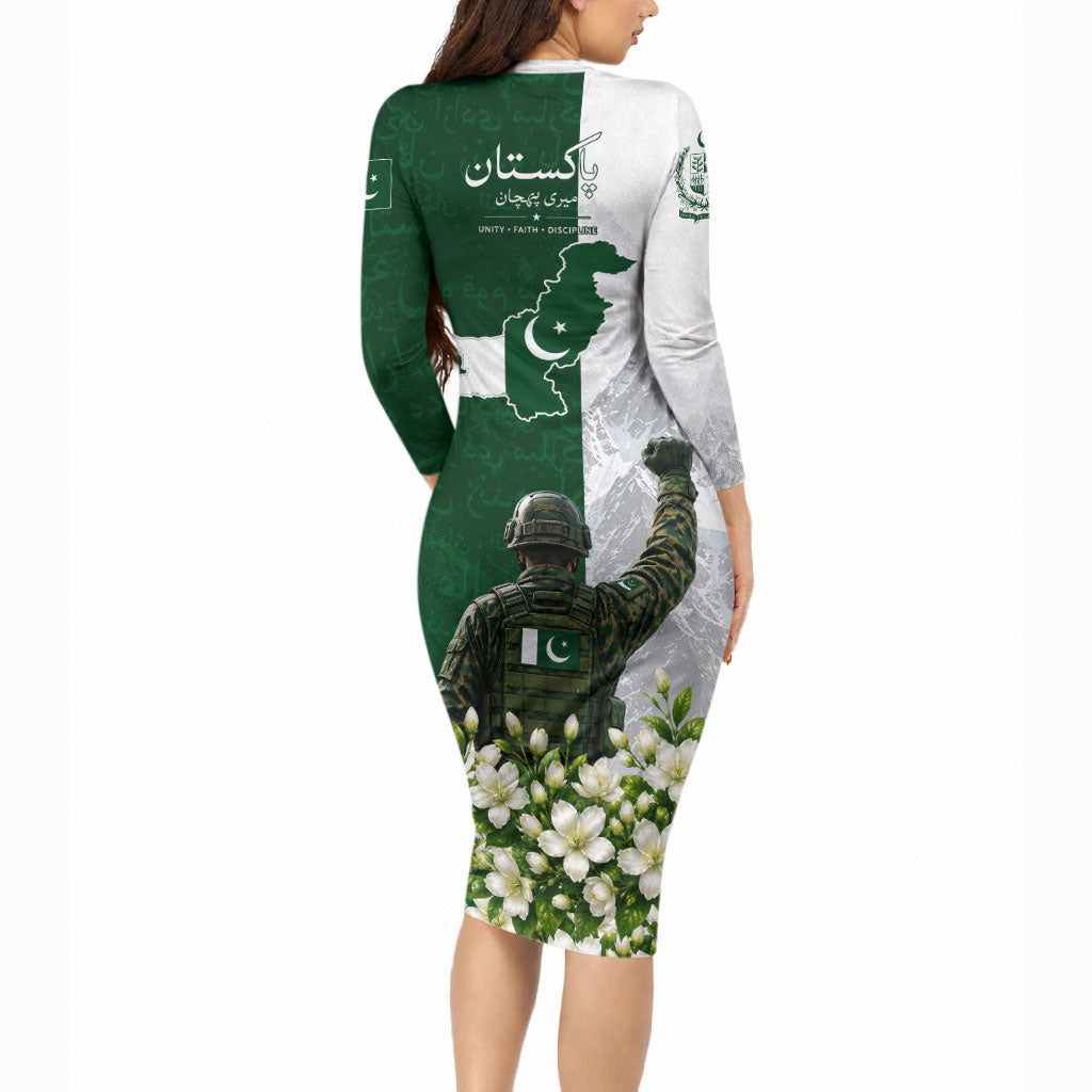 Pakistan Independence Day Long Sleeve Bodycon Dress Patriotic Soldier Heritage Landmarks And Jasmine