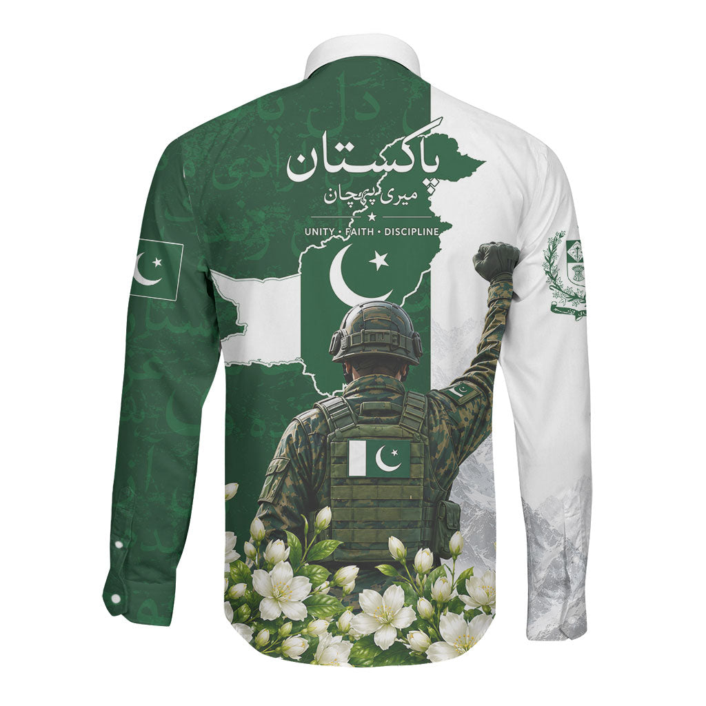 Pakistan Independence Day Long Sleeve Button Shirt Patriotic Soldier Heritage Landmarks And Jasmine