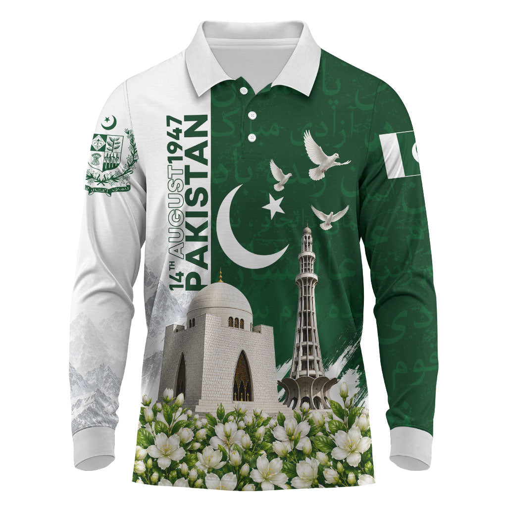 Pakistan Independence Day Long Sleeve Polo Shirt Patriotic Soldier Heritage Landmarks And Jasmine
