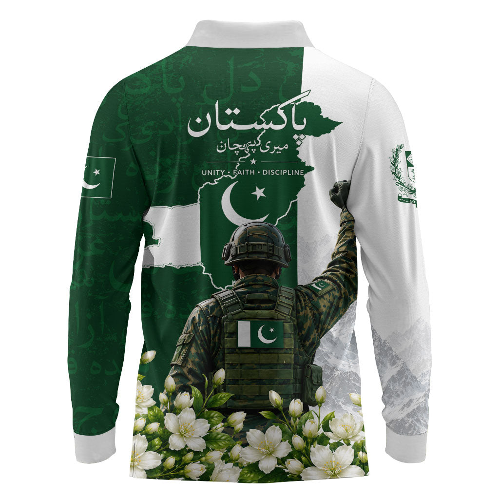 Pakistan Independence Day Long Sleeve Polo Shirt Patriotic Soldier Heritage Landmarks And Jasmine