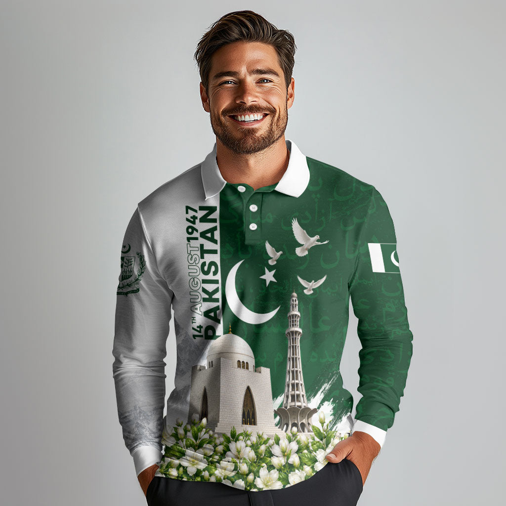 Pakistan Independence Day Long Sleeve Polo Shirt Patriotic Soldier Heritage Landmarks And Jasmine