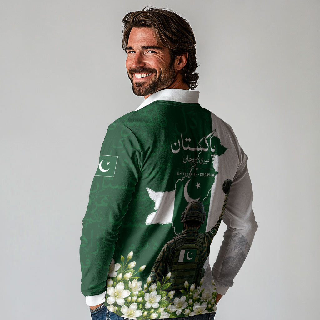 Pakistan Independence Day Long Sleeve Polo Shirt Patriotic Soldier Heritage Landmarks And Jasmine