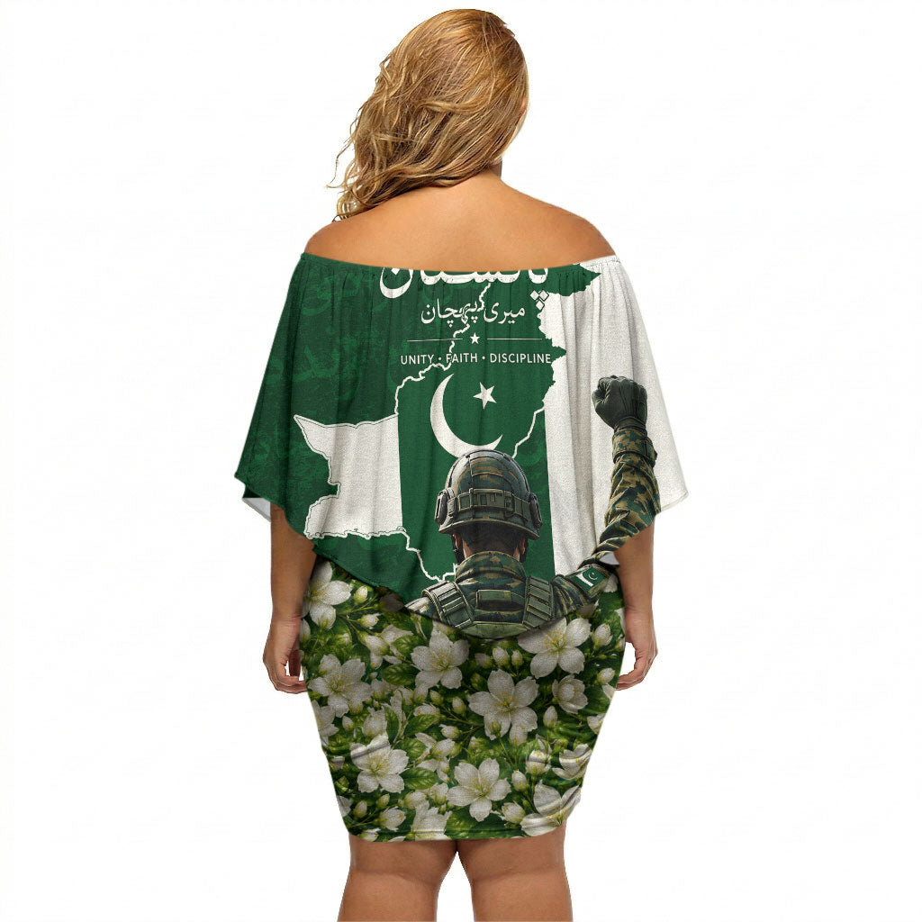 Pakistan Independence Day Off Shoulder Short Dress Patriotic Soldier Heritage Landmarks And Jasmine