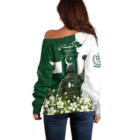 Pakistan Independence Day Off Shoulder Sweater Patriotic Soldier Heritage Landmarks And Jasmine