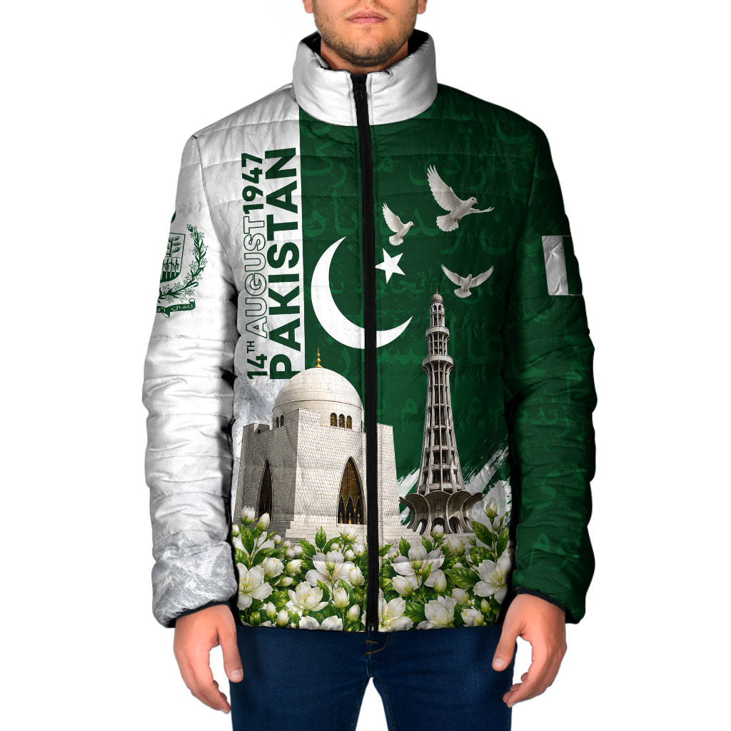 Pakistan Independence Day Padded Jacket Patriotic Soldier Heritage Landmarks And Jasmine
