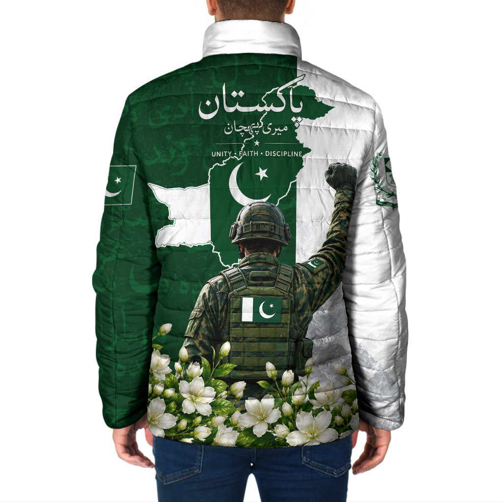 Pakistan Independence Day Padded Jacket Patriotic Soldier Heritage Landmarks And Jasmine