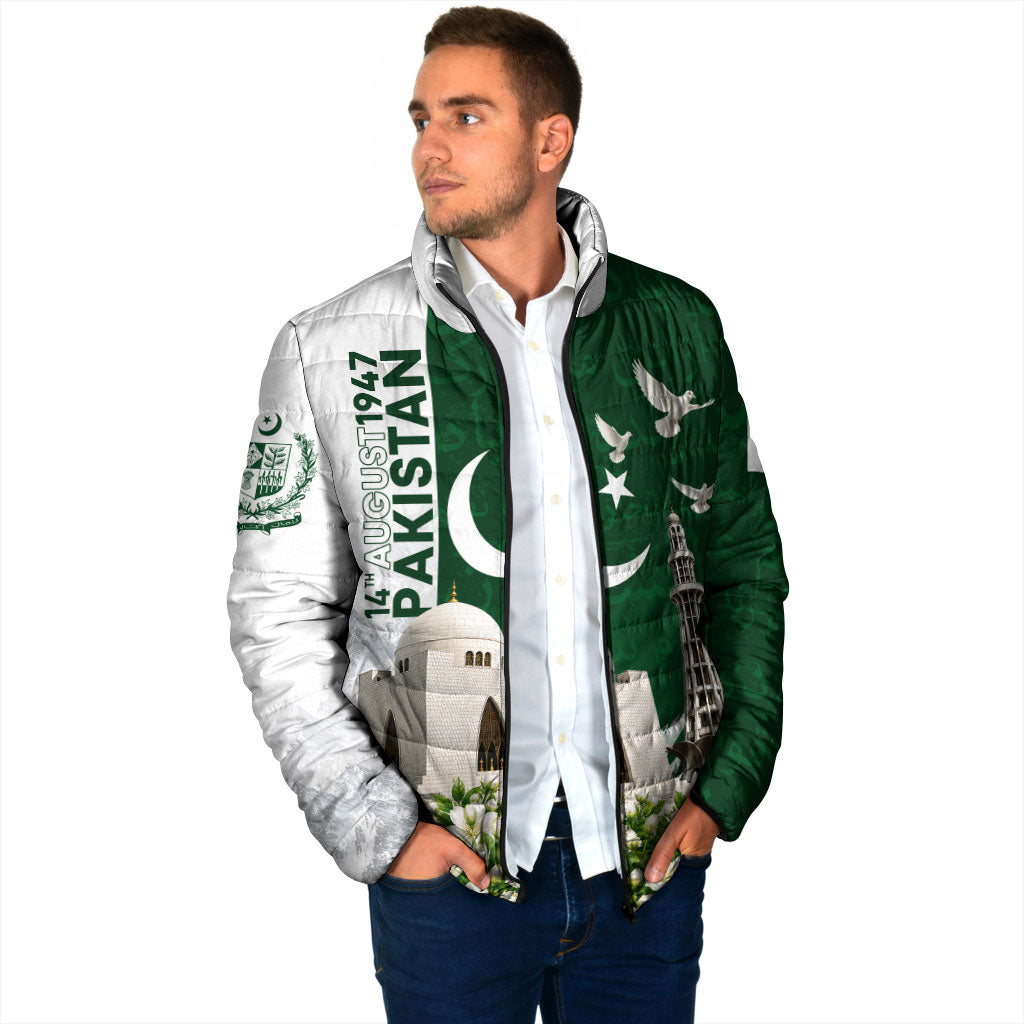 Pakistan Independence Day Padded Jacket Patriotic Soldier Heritage Landmarks And Jasmine