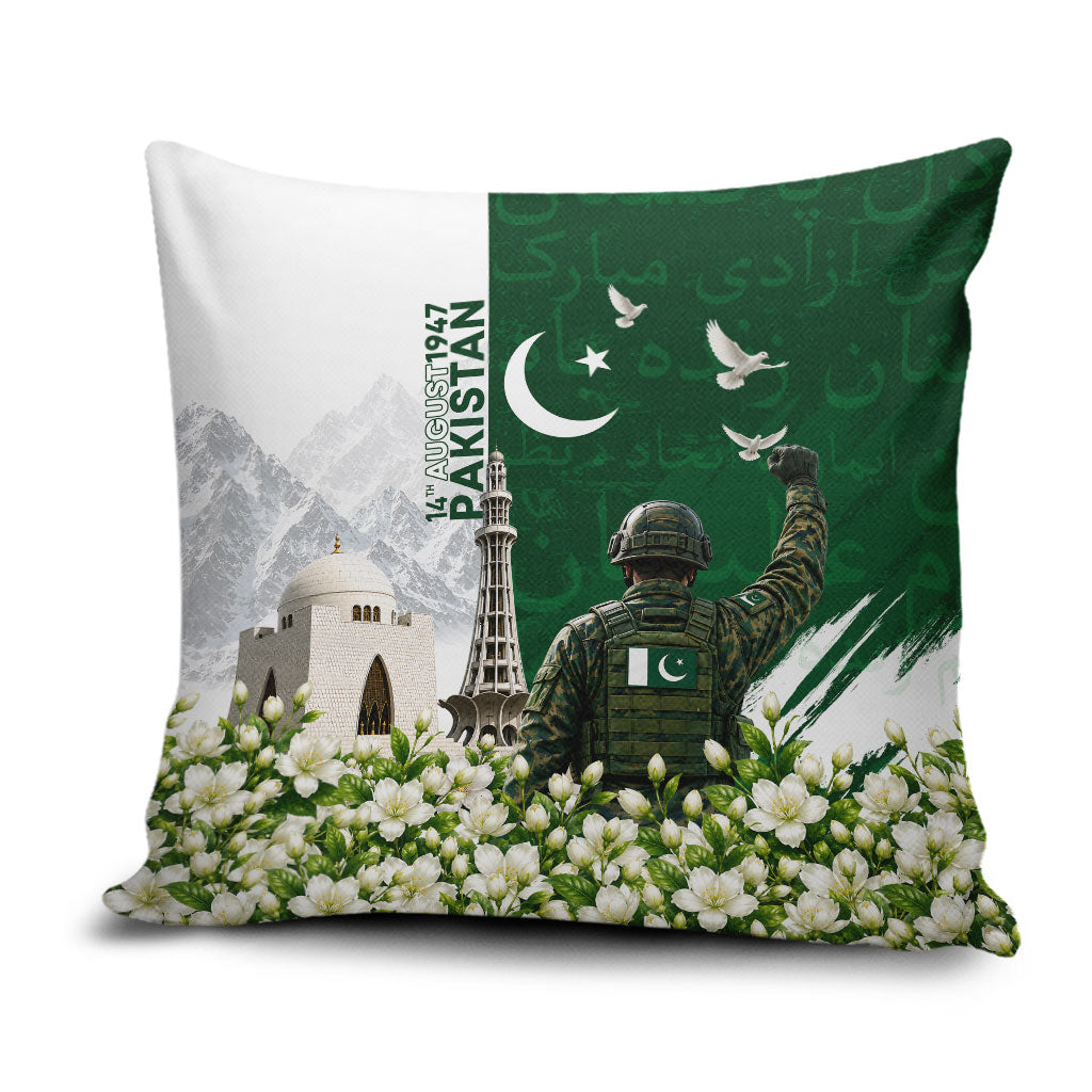 Pakistan Independence Day Pillow Cover Patriotic Soldier Heritage Landmarks And Jasmine