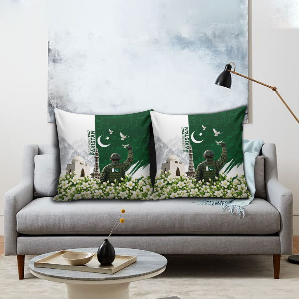 Pakistan Independence Day Pillow Cover Patriotic Soldier Heritage Landmarks And Jasmine